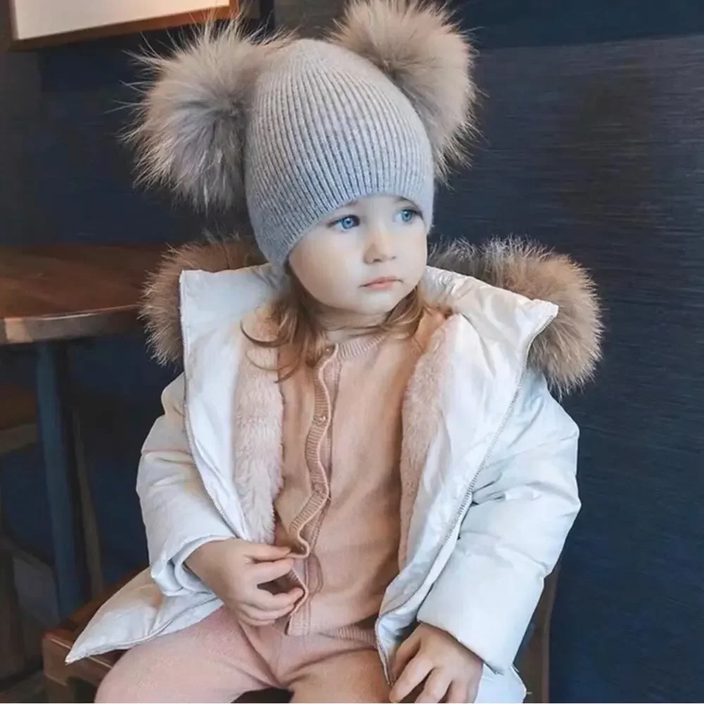 New baby double pom pom knit hat 1-3 years